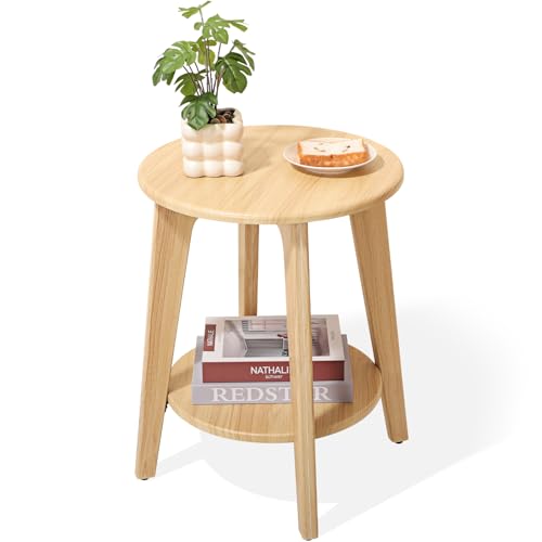 End Table Small Round Side Table with 2 Storage Shelves Walnut End Tables Accent Sofa Bedside Table Modern Night Stand for Living Room Bedroom Small Spaces - color: Beige