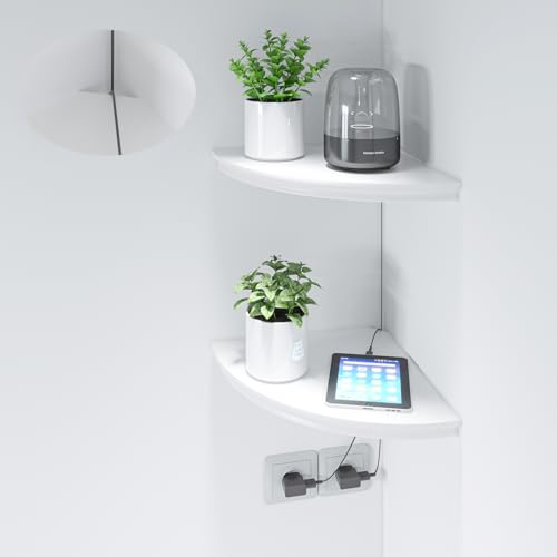 HAO Floating Corner Shelf Invisible Wall Mounted Shelves Radial Shape Cable Wire Hole Pattern Perfect for Bedroom Bathroom Living Room Kitchen 17 Inch Set of 2 White - color: White, size: 17 Inch with Wire Cable Hole