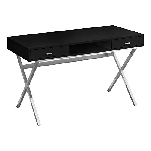 Monarch Specialties Computer Desk - Writing Desk with Drawers and Open Shelf - Metal Sturdy Legs - 48" L (Black/Chrome Legs)