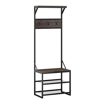 RiverRidge Afton Hall Tree, Black Metal Frame and Weathered Woodgrain | Entryway Organizer with Shoe Rack, Bench Seat, Coat Hooks, Top Display Storage Shelf