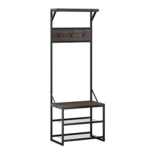 RiverRidge Afton Hall Tree, Black Metal Frame and Weathered Woodgrain | Entryway Organizer with Shoe Rack, Bench Seat, Coat Hooks, Top Display Storage Shelf