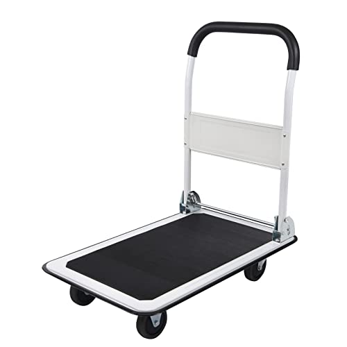 LEADALLWAY Foldable Push Cart Platform Cart 330lbs Capacity with 2 Ropes | 4 Wheels, 28.7"x18.5"x32.3", Small Flatbed Cart, Protable, White - color: White