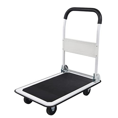 LEADALLWAY Foldable Push Cart Platform Cart 330lbs Capacity with 2 Ropes | 4 Wheels, 28.7"x18.5"x32.3", Small Flatbed Cart, Protable, White - color: White