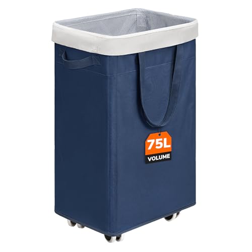 CHICVITA 75L Laundry Basket with Wheels for Dirty Clothes, Blue | College dorm essentials, smooth rolling wheels. Clothes hamper for living room, bedroom, laundry room - color: Blue, size: 75L (15.7"L x 11.8"W x 24.8"H)