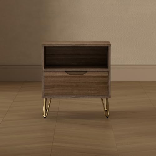 Manhattan Comfort Avira 20 Inch Nightstand with Drawer and Shelf, Mid Century Modern Bedroom Stand with Storage, Compact Side End Table with Metal Legs, Brown - color: Brown