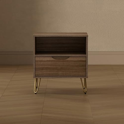 Manhattan Comfort Avira 20 Inch Nightstand with Drawer and Shelf, Mid Century Modern Bedroom Stand with Storage, Compact Side End Table with Metal Legs, Brown - color: Brown
