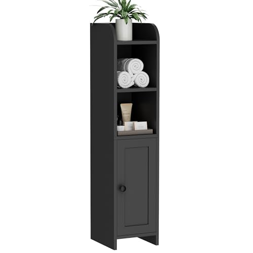 Homhedy Small Bathroom Storage Corner Floor Cabinet with Door and Shelves, Beside The Toilet Paper Stand for Skinny, Narrow Toilet Paper Cabinet, 7.9" D x 7.1" W x 31" H, Black - color: Black, size: 7.9"D x 7.1"W x 31"H