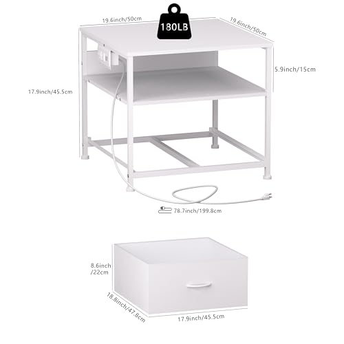 Unionly Mini Fridge Stand with drawer Storage,shelf & Power Outlet | 180lb Mini Fridge Table with Charging Station,Heavy duty small refrigerator shelf,end table for Living Room,Home Kitchen - color: White
