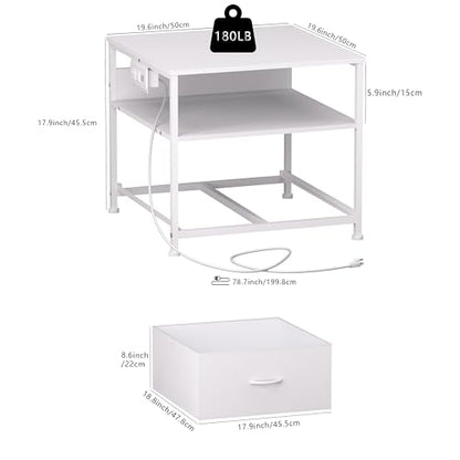 Unionly Mini Fridge Stand with drawer Storage,shelf & Power Outlet | 180lb Mini Fridge Table with Charging Station,Heavy duty small refrigerator shelf,end table for Living Room,Home Kitchen - color: White