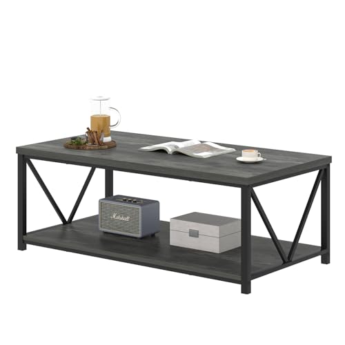EXCEFUR Coffee Table, Rustic Wood and Metal Living Room Table, Industrial Rectangle Center Table with Storage Shelf, 47 Inch Grey - color: Grey, size: 47 inch