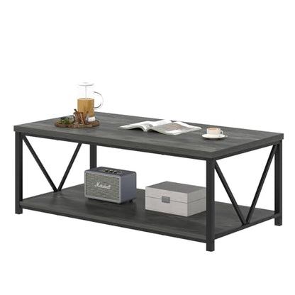 EXCEFUR Coffee Table, Rustic Wood and Metal Living Room Table, Industrial Rectangle Center Table with Storage Shelf, 47 Inch Grey - color: Grey, size: 47 inch