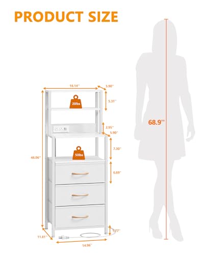Tall Night Stand, White Bedside Nightstand with Charger Station | 4-Tier Shelves and 3 Fabric Drawers, LED Bed Side Tables with Charging Station, Tall Dresser for Bedroom, Hallway, Office - color: White, size: 3 Drawer