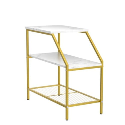 Wolawu End Table 3 Tiers 2pcs White Marble Wood Nightstand with Storage Ladder Shelf,Industrial Sofa Side Table for Small Space, Modern Trapezoid Plant Stand in Living Room Bedroom,Gold Metal Frame - color: White Marble
