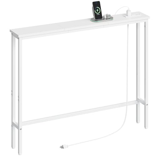 ELYKEN 39.4'' Narrow Console Table with Outlet, Sofa Table Behind Couch | Skinny Entryway Tables with Charging Station for Living Room, Hallway, 5.9 x 39.4 x 29.5in, White - color: White, size: 5.9"DX39.4"WX29.5"H