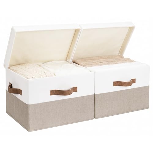 StorageWorks Fabric Storage Bins with Lids, Large Closet Storage Bins | Flip-Top Lid, 3 Handles, Collapsible, Stackable, for Clothes Blankets, Multi-Purpose, Large, Brown and White, 2-Pack - color: Brown and White, size: Large