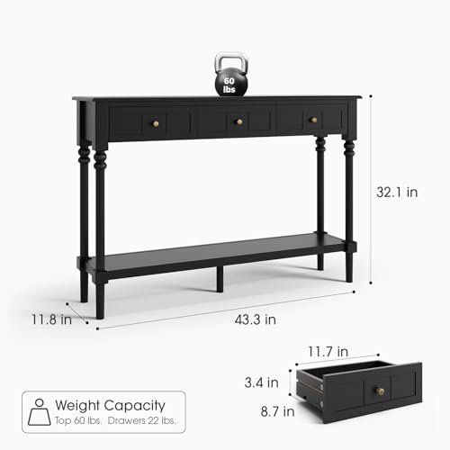 JOINICE Console Tables with Drawers,43" Entryway Table with Shelf and Solid Wood Legs,Narrow Long Sofa Table with Storage, Wood Foyer Tables for Entryway,Living Room,Hallway,Black - color: Black