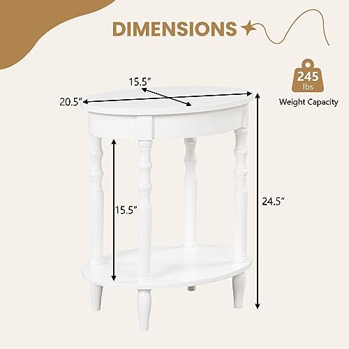 GOFLAME 2-Tier Oval End Table Set of 2, Sofa Side Table with Storage Shelf, Solid Wood Legs, Modern Accent Table, Compact Nightstand for Living Room, Bedroom, Small Space, White - color: White