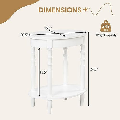 GOFLAME 2-Tier Oval End Table Set of 2, Sofa Side Table with Storage Shelf, Solid Wood Legs, Modern Accent Table, Compact Nightstand for Living Room, Bedroom, Small Space, White - color: White