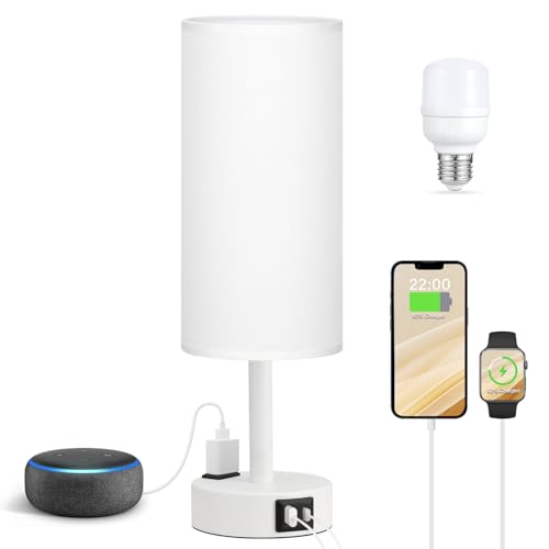 Fenmzee Matte White Bedside Table Lamp for Bedroom - 3 Way Dimmable Touch Lamp USB C Charging Ports and AC Outlet, Small Lamp Round Flaxen Fabric Shade for Living Room, Desk, LED Bulb Included - color: White - White, size: 14" Touch Control