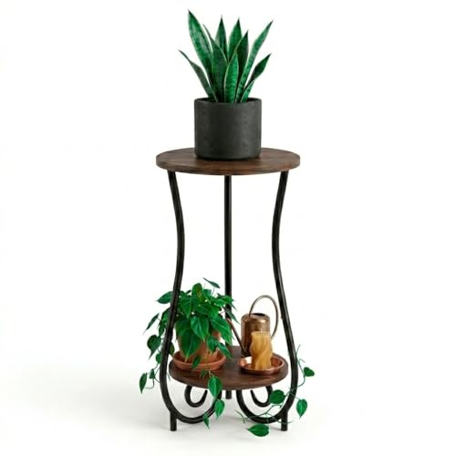 Plant Stand, 2 Tier Round Potted Holder Rack, Flower Pot Stand Shelf, Arc-Shaped Supports Rack, Corner Plant Shelf for Balcony Garden Patio Living Room, Indoor, Brown