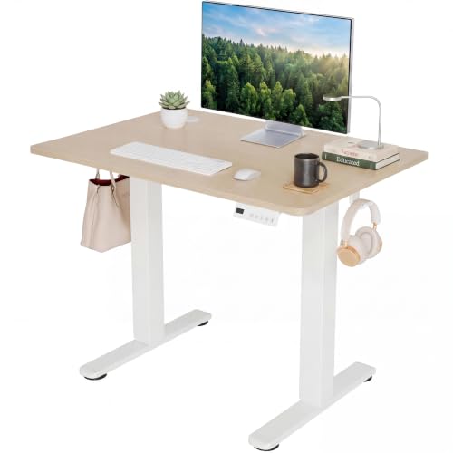 Claiks Electric Standing Desk, 32 x 19 Inch Small Height Adjustable Sit Stand Desk for Home Office, Computer Desk with Memory Presets, Cable Management & Headphone Hooks, 156 lbs Capacity, Nature - color: Nature, size: 32 Inch