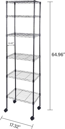Simple Deluxe 6-Tier Storage Shelves, 17.32" W x 11.42" D x 64.96" H Adjustable Shelving Unit with Wheels and Hanging Hooks, Black - color: Black, size: 6-Tier, 17"W x 11"D x 64"H