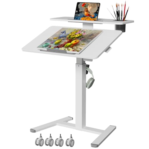 28" Mobile Standing Desk, Tiltable Top with 2-Tier Shelves, White | Pneumatic Rolling Desk, Adjustable Height Computer Workstation, Sit Stand Portable Drafting Table & Laptop Cart on Wheels - color: White, size: 28"