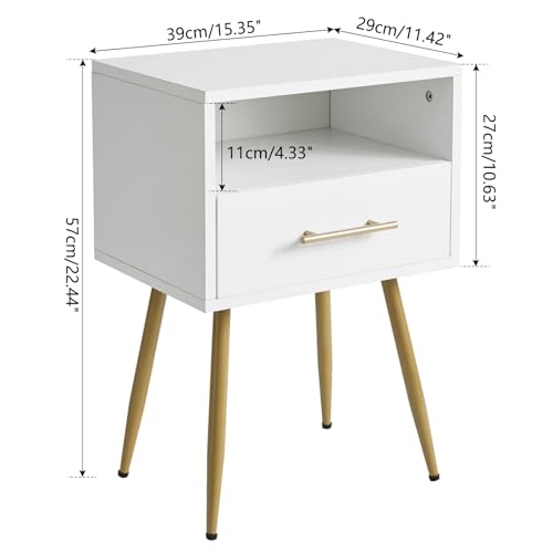 IBUYKE Nightstand, Mid Century Modern Night Stand, Bedside Table with Drawers and Open Storage Shelf, End Side Table with Metal Legs, for Bedroom, Small Spaces, White UWNS004W - color: White
