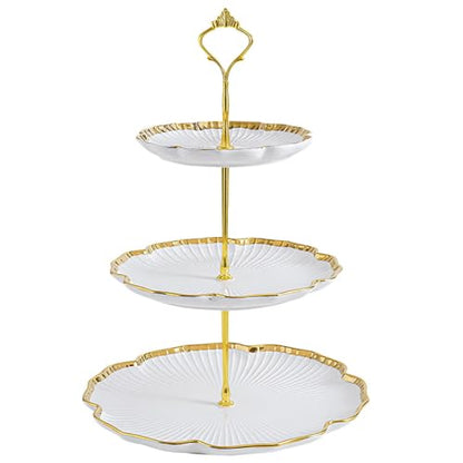 3 Tier Porcelain Serving Tray with Elegant Floral Gold Trim - Embossed Food Grade Tiered Cupcake Stand - Serving Stand for Parties & Weddings & Baby Showers - color: 10.2 Inch (3 Tier)