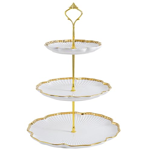 3 Tier Porcelain Serving Tray with Elegant Floral Gold Trim - Embossed Food Grade Tiered Cupcake Stand - Serving Stand for Parties & Weddings & Baby Showers - color: 10.2 Inch (3 Tier)