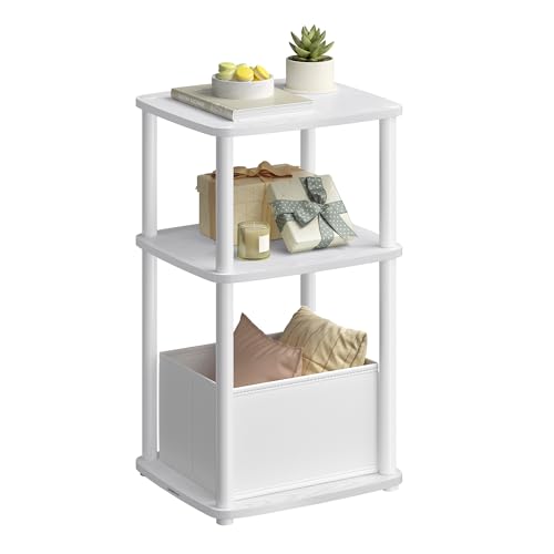 SONGMICS Home Side Table, 3-Tier Nightstand with Storage, End Table with Fabric Basket, for Bedroom, Living Room, Steel Frame, Superfast Toolless Assembly, Modern, Snow White ULET286W01 - color: Snow White, size: 1 pack