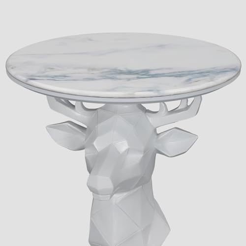 Modern Deer Head Sculpture Side Table, Round Metal End Table with Geometric Animal Base, Industrial Accent Table for Living Room, Bedroom, Office, Dark Bronze Finish - color: Deer - White Geometric