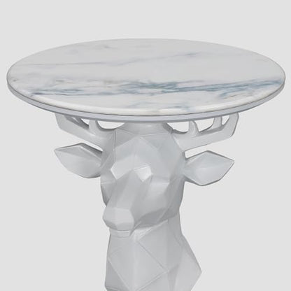 Modern Deer Head Sculpture Side Table, Round Metal End Table with Geometric Animal Base, Industrial Accent Table for Living Room, Bedroom, Office, Dark Bronze Finish - color: Deer - White Geometric