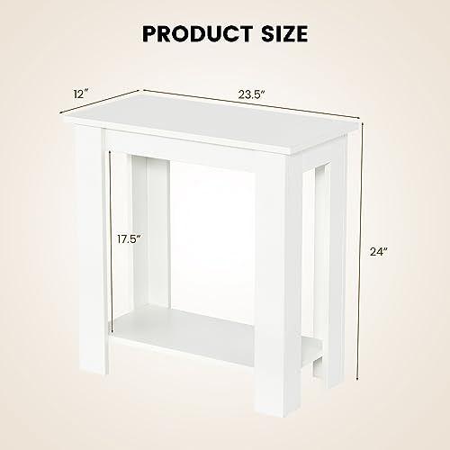 Giantex Narrow End Table Set of 2, 2-Tier Side Table with Open Storage Shelf, Retro Wood Sofa Table Bedside Tables for Small Spaces, Slim Nightstand for Living Room, Bedroom, Easy Assembly, White - color: White