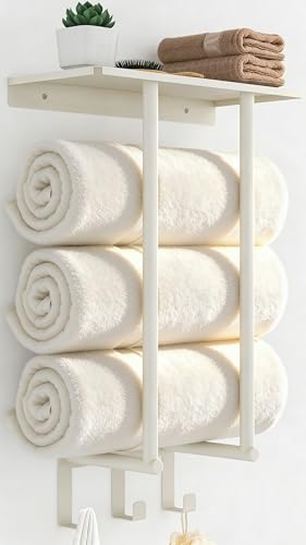 Towel Rack with Shelf and 3 Hooks, Bethom Towel Holders for Bathroom Wall Mounted, Metal White Towel Racks can Hold 3 Large Bath Sheets Blanket - color: White, size: Round Tube