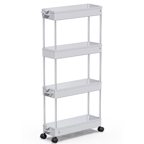 SPACEKEEPER Slim Rolling Storage Cart 4 Tier Bathroom Organizer Mobile Shelving Unit Storage Rolling Utility Cart Tower Rack for Kitchen Bathroom Laundry Narrow Places, Gray - color: Grey