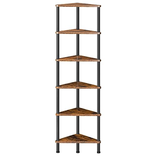 HOOBRO Corner Shelf Stand, Industrial 6-Tier Wall Corner Bookshelf with Metal Frame, Plant Display Shelf, Bookcase for Small Spaces, Bedroom, Living Room, Rustic Brown BF36CJ01 - color: Rustic Brown + Black, size: 11.8"D x 11.8"W x 57"H