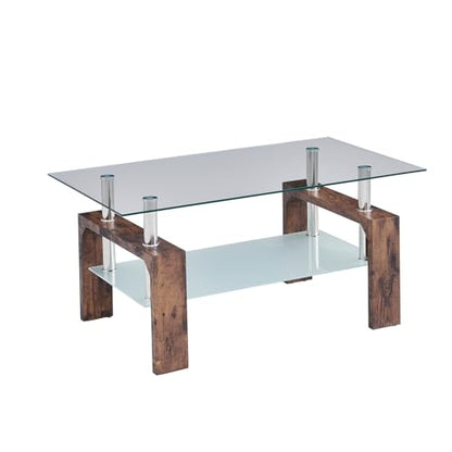 Living Room Rectangle Coffee Table, Tea Table Suitable for Waiting Room, Modern Side Coffee Table with Wooden Leg, Glass Tabletop with Lower Shelf.(brown) - color: Brown