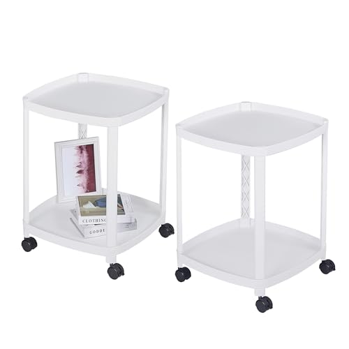 VECELO Rolling End Side Table with Lockable Wheels, 2‑Tier Plastic Mobile Sofa Side Table, Small Nightstand Storage Cart for Living Room Bedroom Bathroom, 2 PCS, White - color: White, size: 2 PCS