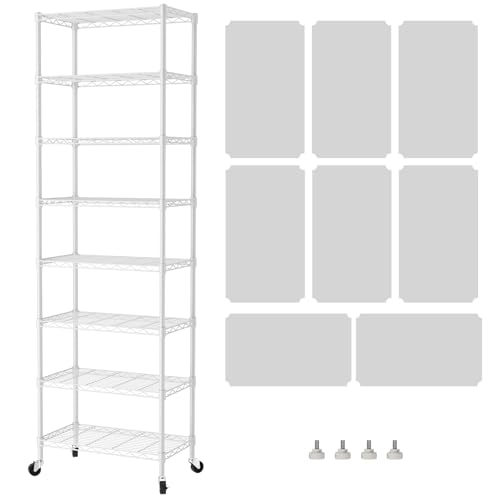 SINGAYE 8 Shelves Storage Wire Shelf Closet Metal Shelving Pantry Wheels | Shelf Bathroom Organizers Metal Kitchen Garage Shelving Unit Laundry Room Organization Home Rack Net Basket with Wheels - color: White, size: 8Tier/12"D X 22"W X 74"H