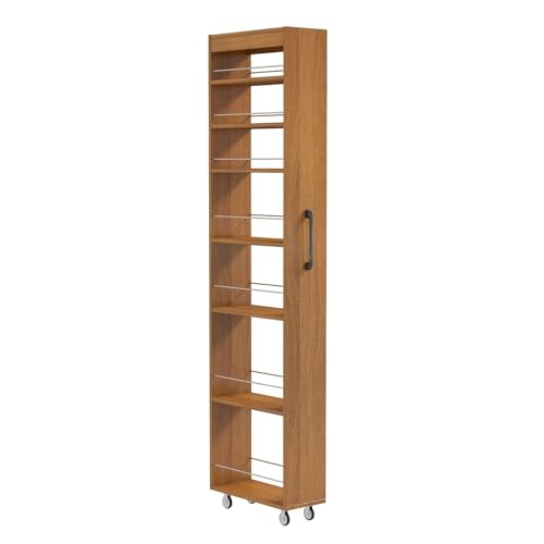 7 Tier Slim Rolling Storage Cart, 68.35" Tall Narrow Pull Out Pantry Organizer Shelves for Kitchen Laundry Bathroom, Space Saving Mobile Utility Cart with Wheels & Handle, Oak - color: Oak