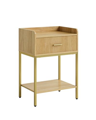Nightstand, 3-Tier Bed Side Table, Small End Table, Night Stand with Open Shelf and Drawer, Bedside Table for Bedroom, Living Room, Oak - color: Oak, style: Without Charging Station