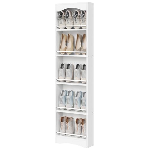 YATINEY Tall Narrow Shoe Rack, Vertical Behind Door Shoe Organizer, White | Wooden Skinny Shoe Shelf with Open Storage for Small Spaces, 6-tier Shoe Storage for Standing Shoes, Space Saving