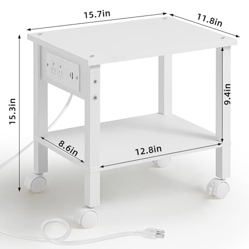 YUFAM 2 Tier Under Desk Printer Stand with Charging Station, White | Wooden Small Printer Table for Home Office, Rolling Printer Cart Shelf with Lockable Wheels - color: White, size: 11.8"D×15.7"W×15.3"H(With USB)