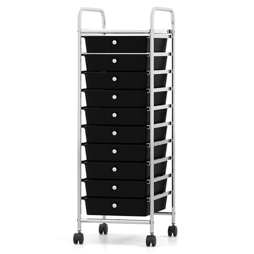 BECOMFORT 10-Drawer Rolling Utility Cart, Storage Cart on Wheels, Teacher Classroom Organizers with Metal Frame & Lockable Wheels, Mobile Trolley Craft Cart for Art Paper Tools School Office Play Room - color: Black, size: 10 Small Drawers