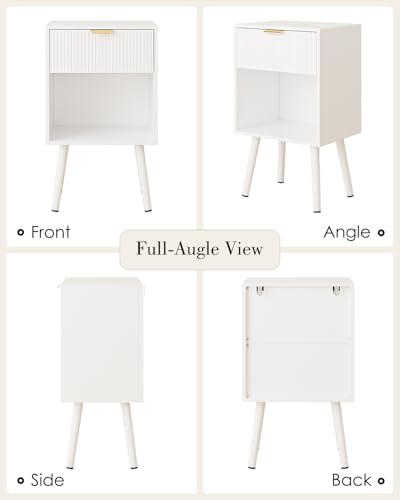 White Fluted Nightstand, Modern Bedside Table with Storage Drawer, Wood Night Stand Side End Table for Bedroom, Living Room, Office - color: White