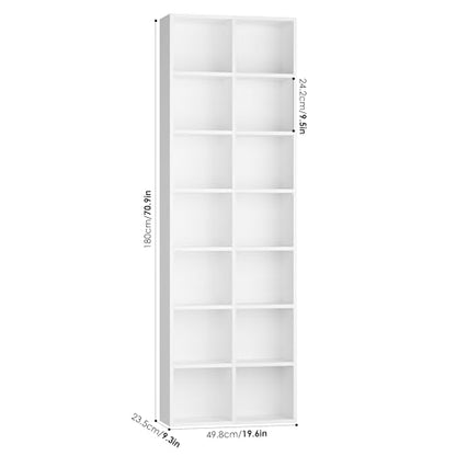 FOTOSOK 71'' Tall Bookshelf with 14 Cubes, 7 Tier Double Wide White Bookshelf with 6 Adjustable Shelves, 19.6" Narrow Bookcase DVD/CD Media Storage, Space Saving Display Shelf Cabinet, White - color: White