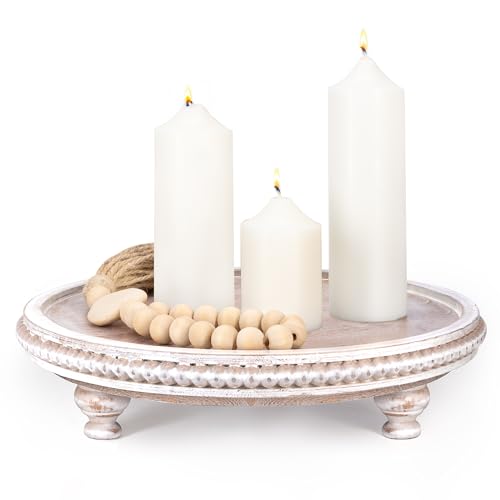 EOSAHR Beaded Round Display Riser for Room Decor, Dark Natural | Pine Wood, 11.2" Wood Riser, Plant Stand & Sponge Holder, Perfume Organizer for Kitchen Counter, Boho Living Room Decor - color: Deep-Natural