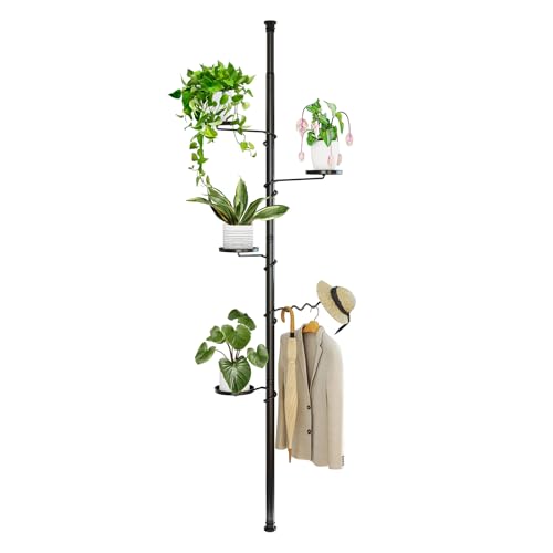 BAOYOUNI 5 Tier Indoor Plant Pole Stand Tension Rod Adjustable Flower Display Rack Spring Loaded Floral Hanger Storage Shelf with 4 Trays & 1 Wave Hook, Black (4 Trays & 1 Wave Hook, 5 Tier) - color: Black, size: 1 x 5 Tier