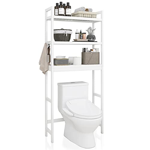 SMIBUY Bathroom Storage Shelf, Bamboo Over-The-Toilet Organizer Rack, Freestanding Toilet Space Saver with 3-Tier Adjustable Shelves (White) - color: White
